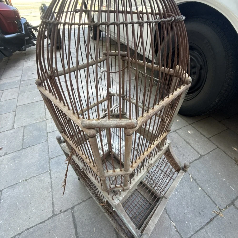 VTG VICTORIAN CATHEDRAL BIRD CAGE WOOD & WIRE MID CENTURY DOME BIRD CAGE 34X14X9
